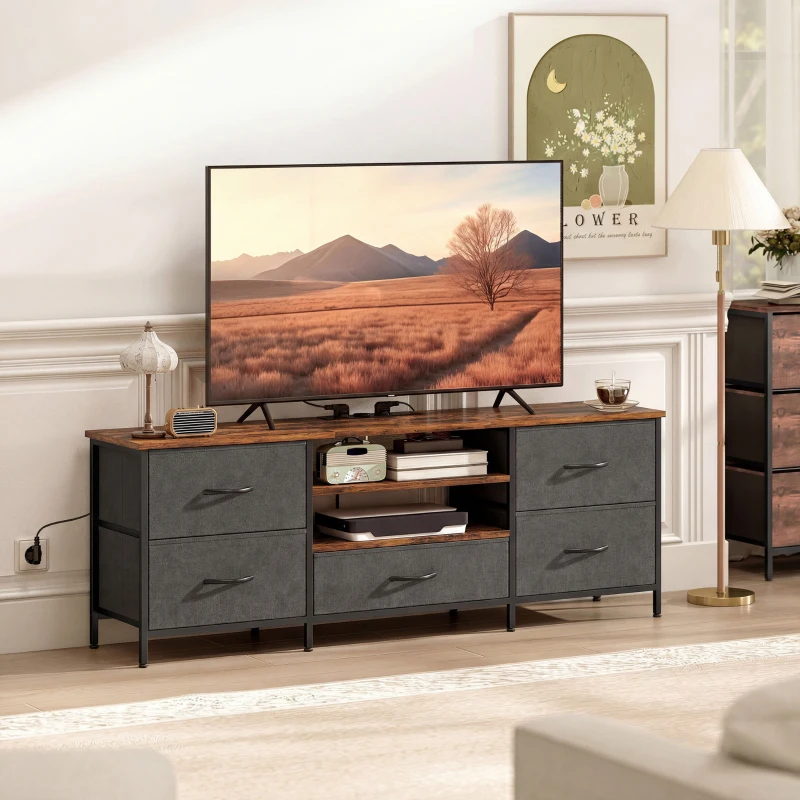 HOMCOM Meuble TV 140 cm, meuble télé 65 pouces, station de charge, 5 tiroirs en tissu, étagères ouvertes, 140x30x50cm, marron