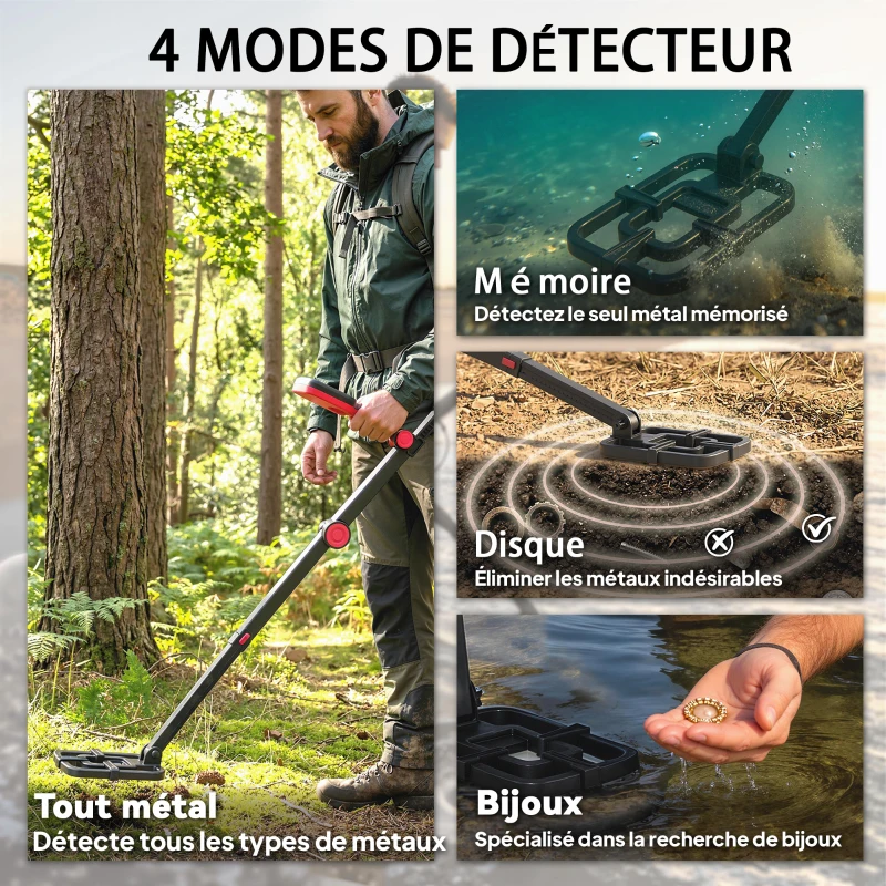 Outsunny Détecteur de Métaux, Bobine Étanche IP68 avec Écran LCD, 4 Modes, Haute Précision Hauteur Réglable, 139x26x30cm, Noir