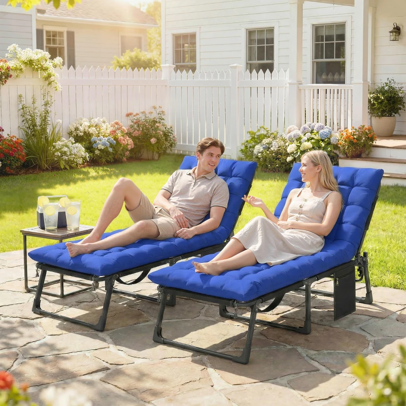 Outsunny Folding Sun Loungers for Garden Set of 2, 5-Position Oversized Camping Bed Recliner with Cushions, Blue
