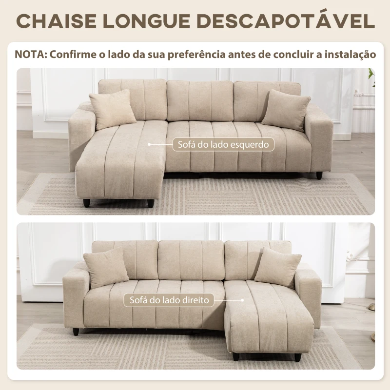 HOMCOM Sofá Chaise Longue Reversível Sofá de Canto em Forma de L de 3 Lugares 2 Almofadas Estofado em Linho 242x156x87 cm Bege