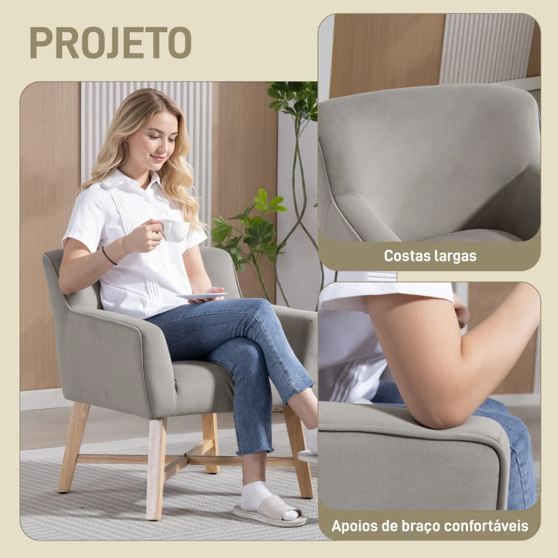 HOMCOM Poltrona de Sala de Estar Poltrona Relax Moderna com Apoio para os Braços Acolchoados Pés de Madeira 67x65x74 cm Cinzento