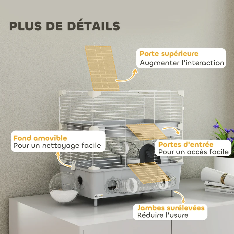PawHut Cage pour hamster  à 2 niveaux avec roue de course salle de bain en sable pour hamster nain 44,5 x 28 x 44 cm gris