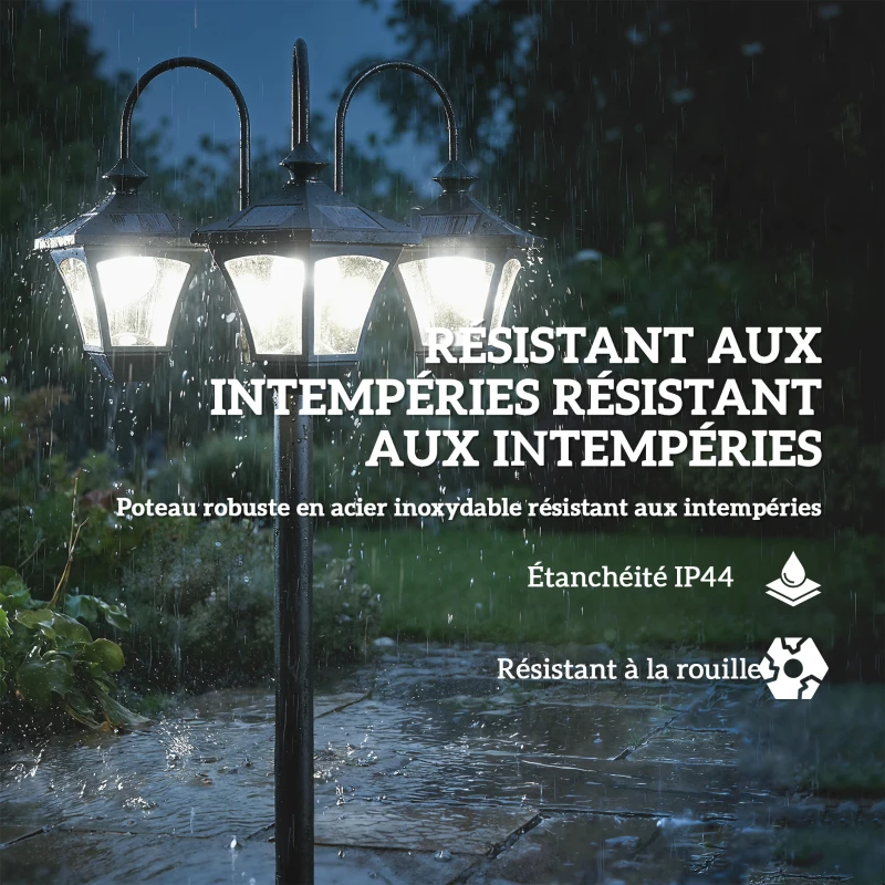 Outsunny Lampadaire Extérieur sur Pied à 3 Têtes avec Bac à Fleurs, Capteur Automatique Crépuscule à L'aube, 52x52x185cm, Noir