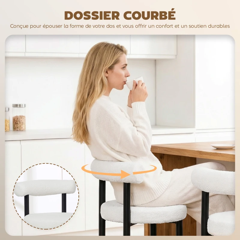 HOMCOM Lot de 2 tabourets de bar, chaises de bar en tissu bouclette avec dossier incurvé, repose-pieds, 50x52,5x98cm, blanc
