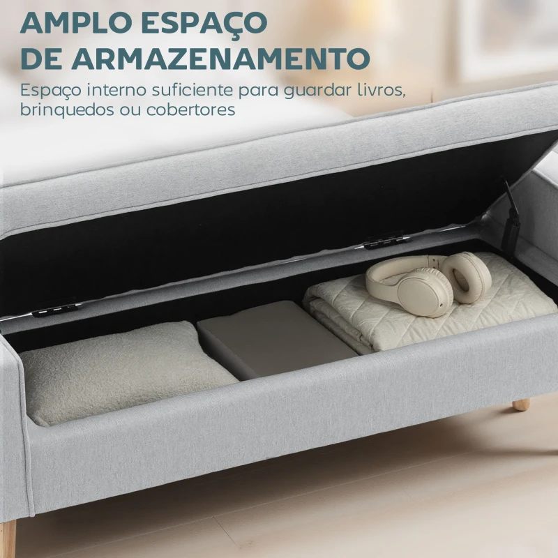 HOMCOM Banco de Armazenamento Estofado em Linho com Tampa Abatível e Pés de Madeira 120x45x54 cm Cinza Claro