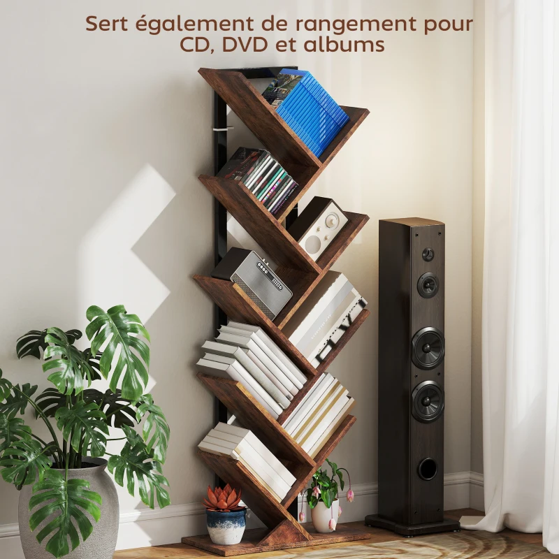 HOMCOM Bibliothèque Arbre à 9 Niveaux, Meuble de Rangement Industriel avec Cadre en Acier, 50x24x136cm, Brun Rustique