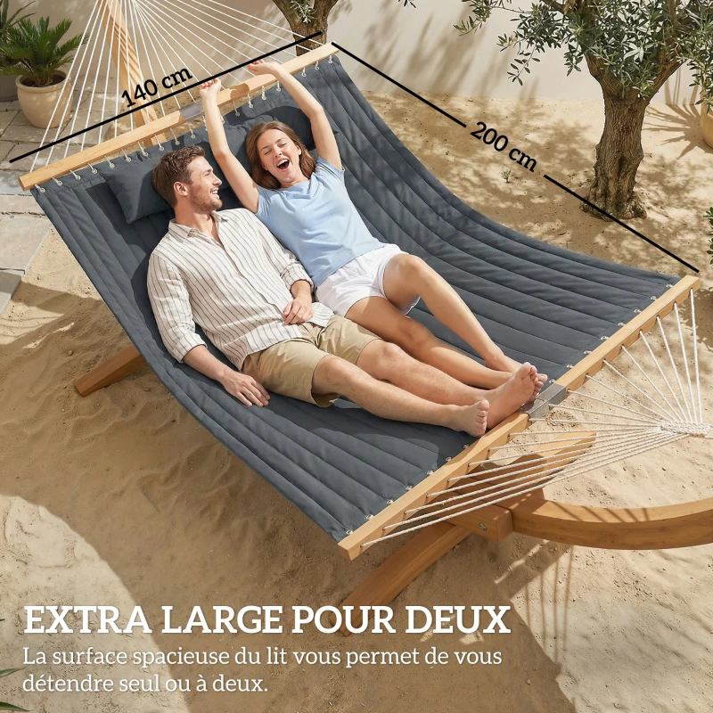 Outsunny Hamac suspendu 325 cm avec oreiller extra-long, tissu matelassé, poche pour magazines, intérieur et extérieur, gris