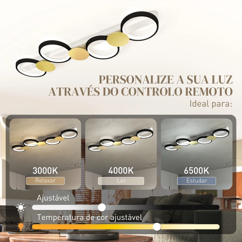 HOMCOM Candeeiro de Teto Regulável com 4 Focos Controlo Remoto Modos de Cena 1500 lm 38 W 3000 K-6500 K 100x31x7 cm Preto e Dourado