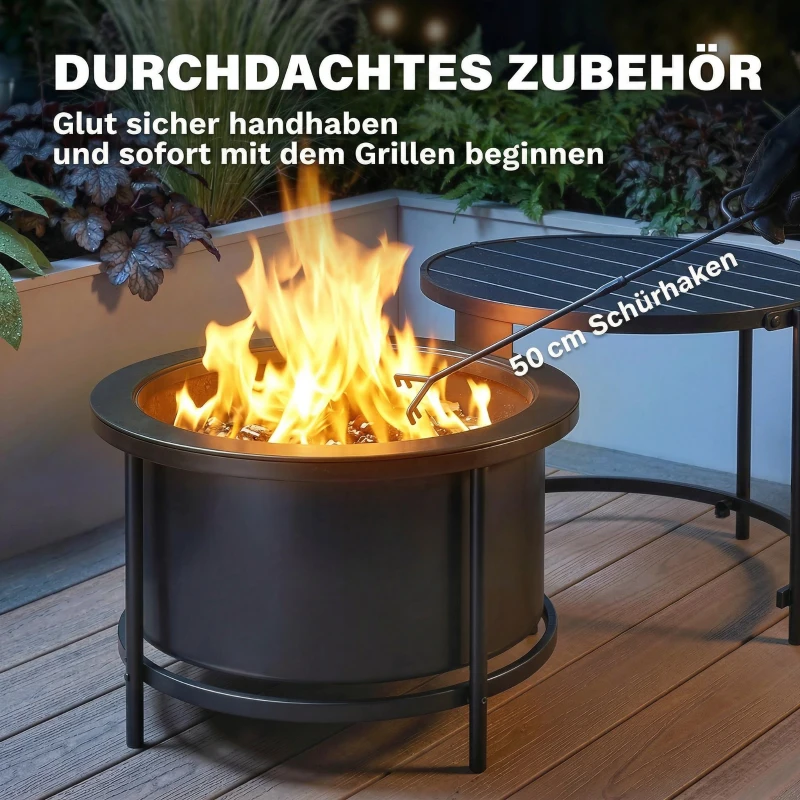 Outsunny Feuerschale 66 x 63 x 41 cm Rund Feuerstelle mit Grillrost Schürhaken Deckel Ständer Schwarz