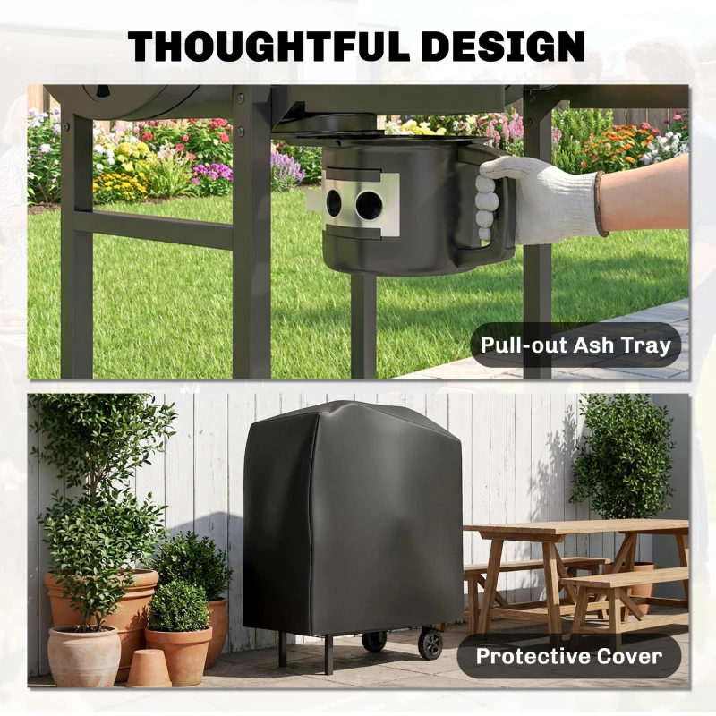 Outsunny Charcoal Grill, Barrel BBQ Smoker with Warming Rack, Charcoal BBQ Grill with Foldable Shelves, Natural Wood and Black