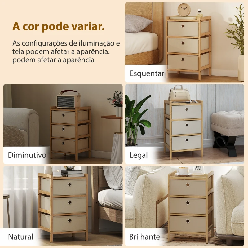 HOMCOM Cómoda de Bambu com 3 Gavetas de Tecido, Compacta para Espaços Pequenos, Creme e Madeira
