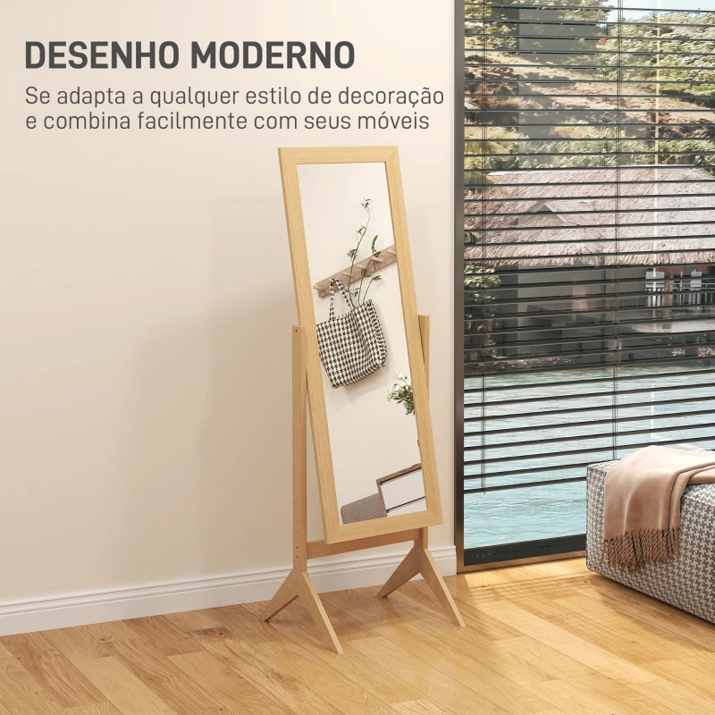 HOMCOM Espelho de Pé para Maquilhagem Reclinável com Estrutura de Madeira para Dormitório Vestidor 47x46x148 cm Carvalho