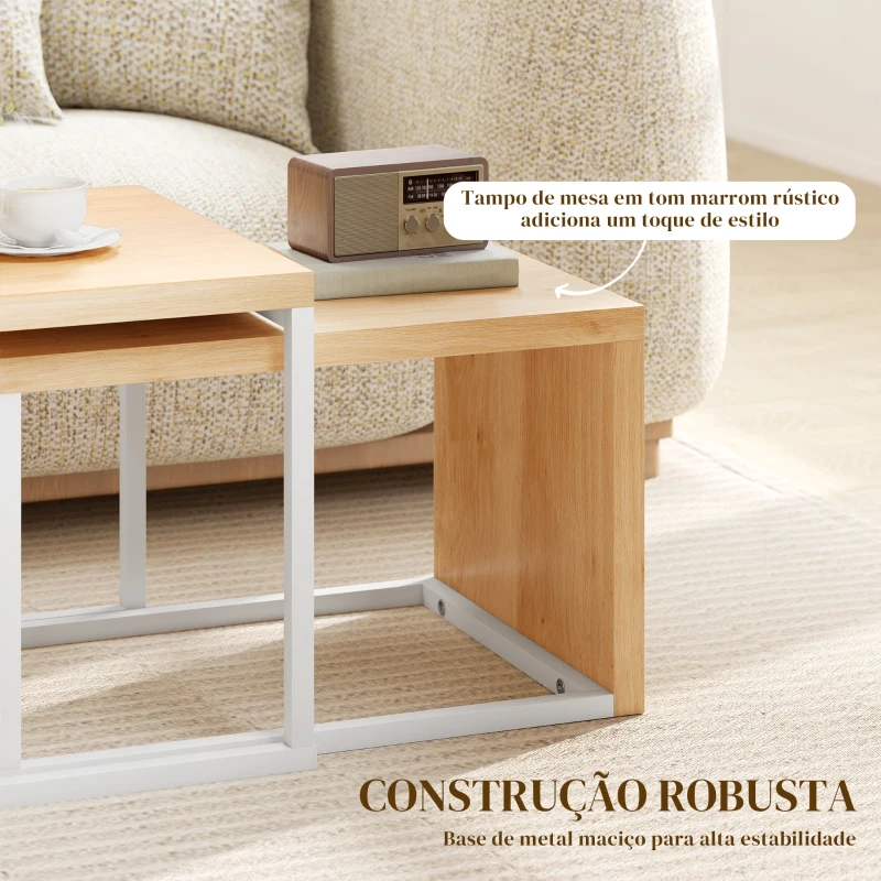 HOMCOM Conjunto de 2 Mesas de Centro com Pés de Metal Estilo Industrial 90x48x42 cm e 59x42x36 cm Branco e Madeira
