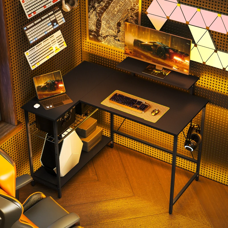 HOMCOM Bureau gaming réversible, bureau gaming d'angle, support pour écran, étagère en maille réglable, 114,5x82x91,5cm, noir