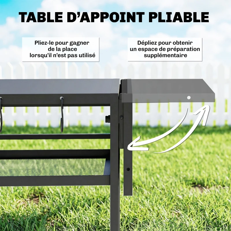 Outsunny Desserte jardin chariot de barbecue sur roulettes avec Plateau Latéral Pliable, Trois Étagères, 133 x 48,5 x 82 cm, Noir