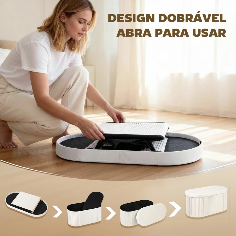 HOMCOM Puff de Arrumação 72 L 76x38x35 cm Estofado em Veludo Baú de Arrumação Suporta 120 kg Creme