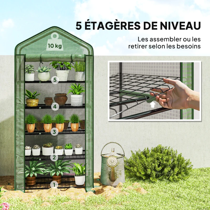 Outsunny Serre de jardin Serre 5 niveaux avec 1 porte enroulable, Bâche en PE Renforcée Résistante dim. 90L x 49l x 193H cm