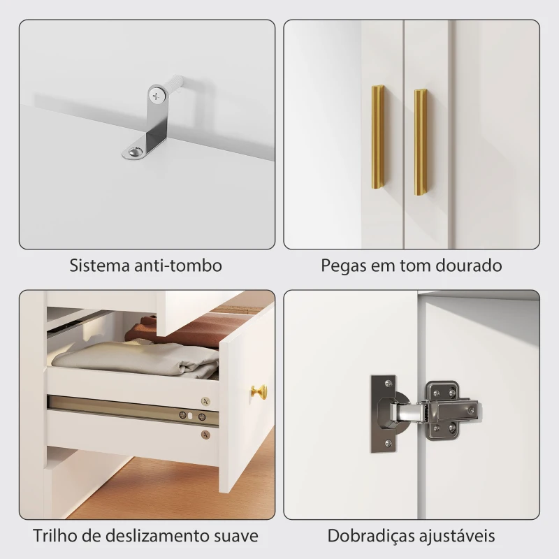 HOMCOM Roupeiro com  2 Portas e 2 Gavetas Armário Roupeiro com Espelho Barra para Pendurar Estilo Moderno 80x50x180 cm Branco
