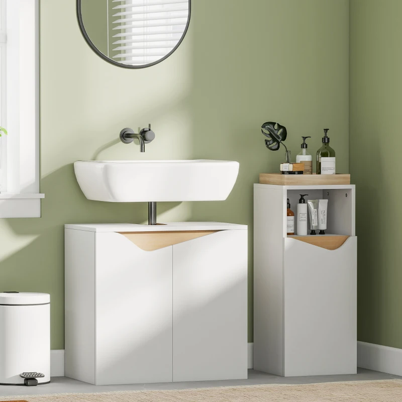 HOMCOM Meuble sous lavabo, meuble de salle de bain avec 2 portes à fermeture douce, 60 x 35 x 57,9 cm, blanc et bois naturel