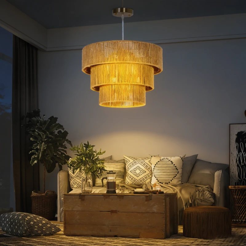HOMCOM Hemp Rope Ceiling Light, 3-Layer Boho Pendant Light, 4 x E14 Vintage Ceiling Lamp Fixtures for Living Room, Bedroom, Kitchen, Hallway, Light Brown