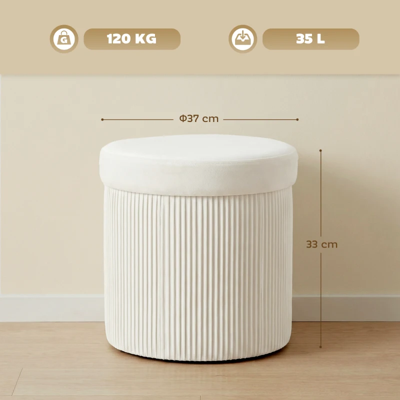 HOMCOM Puff de Arrumação Banco de Arrumação Dobrável 35 L 38x38x38 cm Estofado em Veludo Baú de Arrumação Redondo Creme