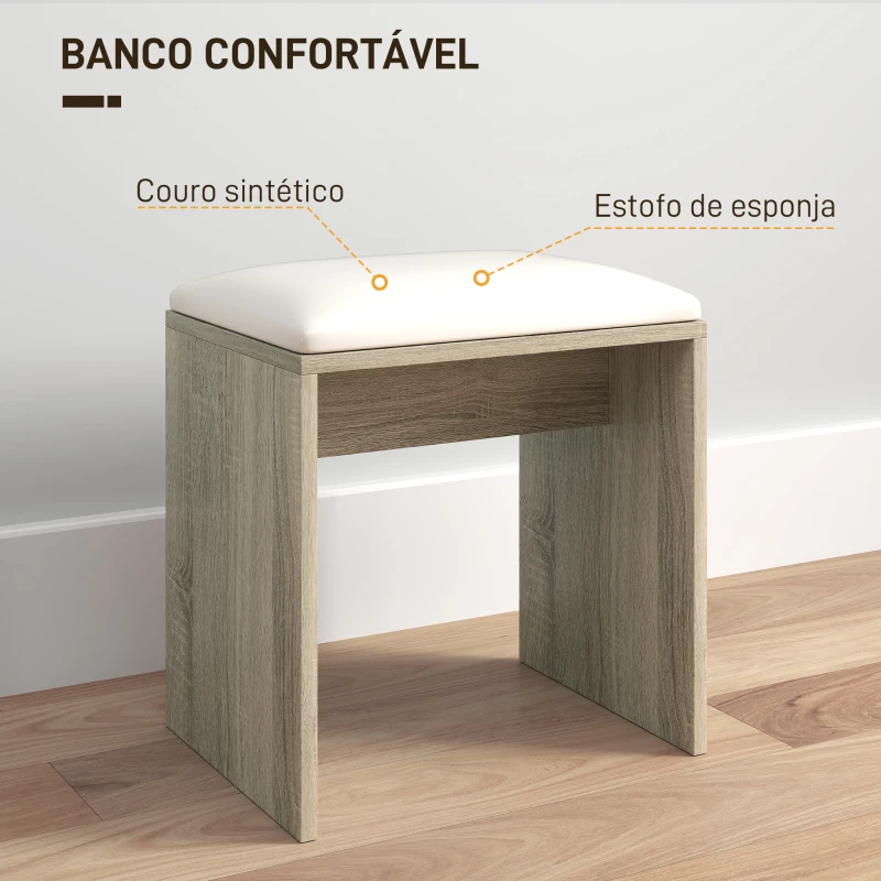 HOMCOM Toucador de Maquilhagem com Banco Mesa de Maquilhagem com Espelho Prateleiras e Gaveta 80x40x132 cm Madeira e Bege