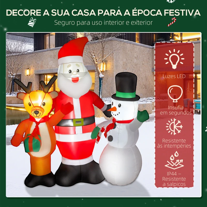 Outsunny Pai Natal Insuflável com Rena e Boneco de Neve Decoração de Natal Insuflável com Luzes LED 150x45x150 cm Multicor