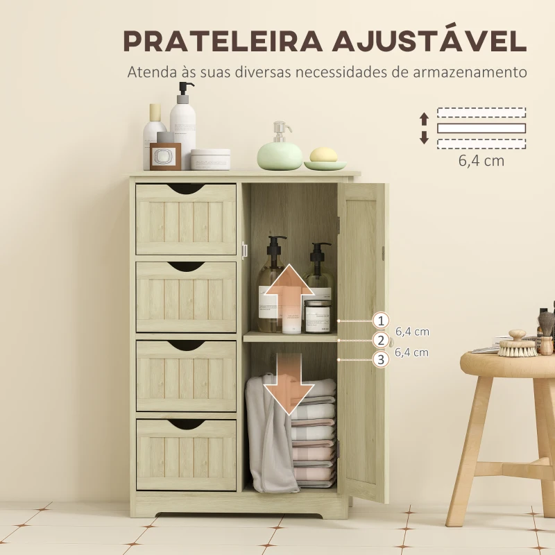 kleankin Armário de Casa de Banho Coluna Estreita com 4 Gavetas e Prateleira Ajustável Estilo Moderno 56x30x83 cm Madeira