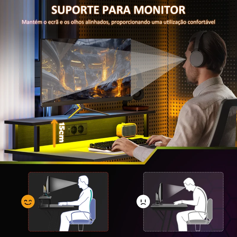 HOMCOM Secretária Gaming com Luzes LED 100x60 cm Tomadas de Corrente Suporte para Monitor Prateleiras e Comando Remoto Preto