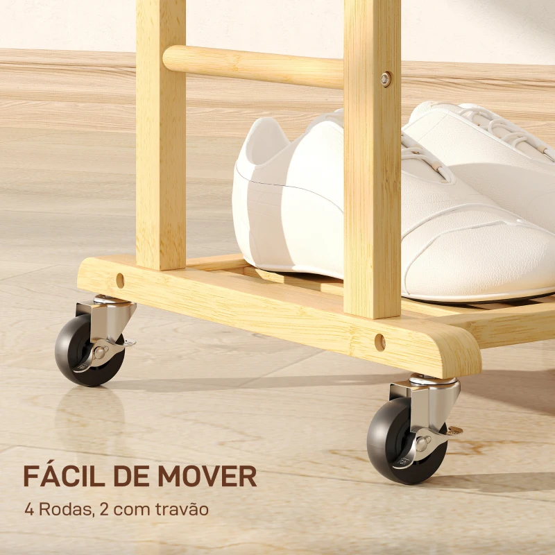 HOMCOM Cabide de Pé de Bambu com Rodas Cabide para Roupas com Barras para Calças e Prateleira Inferior para Sapatos Estilo Nórdico 47x33,7x105,5 cm Madeira e Branco