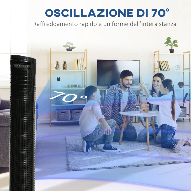 HOMCOM Ventilatore a Torre con Telecomando a 5m, Oscillante 70°, 3 Funzioni e 3 Velocità, Nero