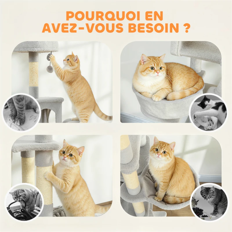 PawHut Arbre à chat tour de jeux pour chat 8 poteaux à griffer 4 plateformes 2 niches  échelle et 3 boules hauteur 192 cm gris