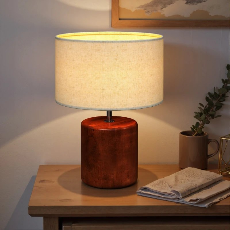 HOMCOM Candeeiro de Mesa Rústico com Base de Madeira Ecrã de Linho Interruptor Basculante E27 40W Ø20x27 cm Madeira e Bege