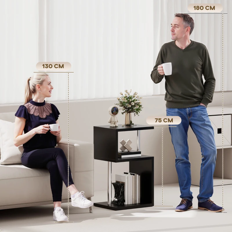 HOMCOM Mesa Auxiliar com Luz LED 3 Níveis Forma de S Prateleiras Abertas e Estrutura em Alumínio 44x38x75 cm Preto Brilhante