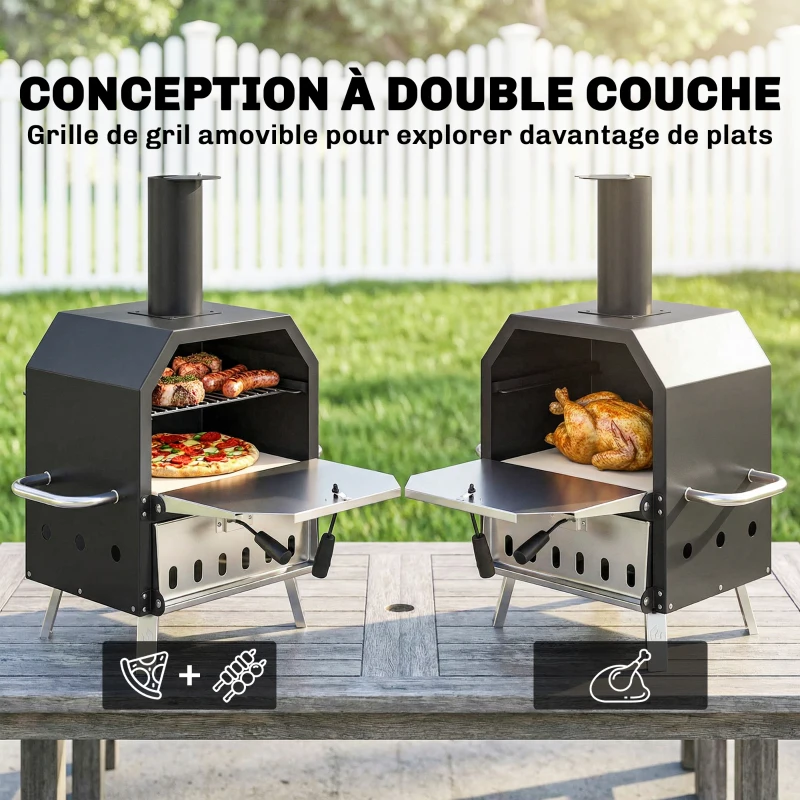 Outsunny Four à Pizza Extérieur à Bois et Charbon 2 Étages Combiné Barbecue Fumoir Pierre de 30 cm et Pelle Portable Noir