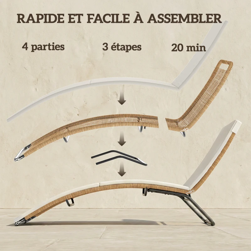 Outsunny Bain de soleil en résine tressée transat de jardin design en S courbe naturelle structure robuste acier coussin crème