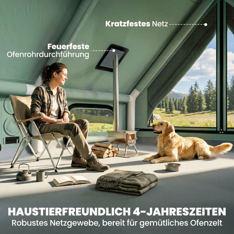 Outsunny Aufblasbares Zelt 8-10 Personen Schneller Aufbau 4-Jahreszeiten Wasserdicht Kratzfest Zelt mit Kaminöffnung Dachfenster