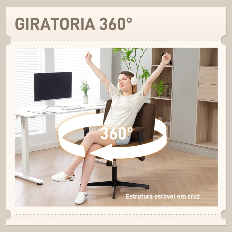 HOMCOM Cadeira de Escritório com Apoios de Braço Rebatíveis Assento  Altura Ajustável  Função Basculante 76x70x85-97 cm Castanho