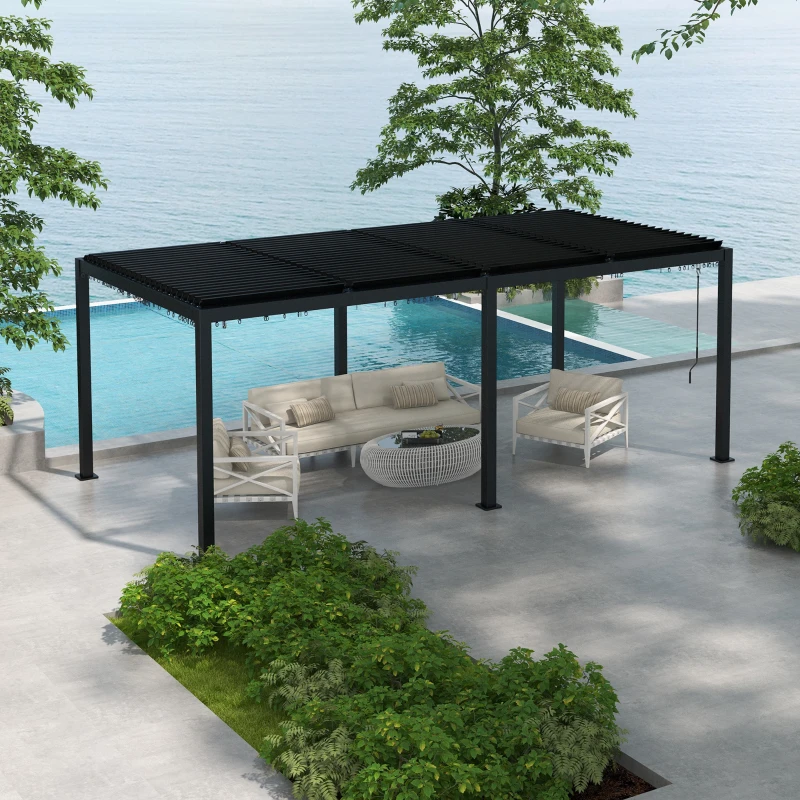 Outsunny Pergola 3 x 6 m  pergola d'extérieur tonnelle avec persiennes manivelle, toit réglable en aluminium crochets gris foncé