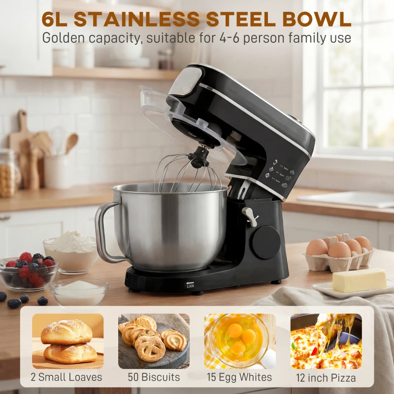 HOMCOM Stand Mixer, 6L 1400W Tilt-Head Food Mixer with 11 Speeds, Pulse & Fermentation Function, LED Display, Black