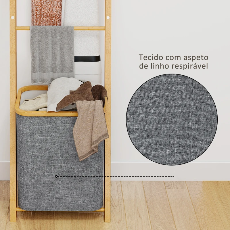 HOMCOM Estante para Casa de Banho de Bambu com 3 Barras e Cesto para Roupa Suja Removível de 48 L 43x35x133 cm Cinzento