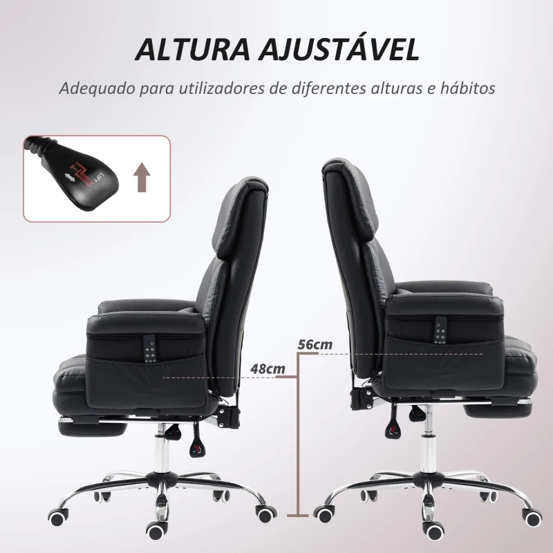 HOMCOM Cadeira de Escritório com Massagem em 6 Pontos Apoio para os Pés Retrátil Controlo Remoto e Suporte Lombar 69x65x115 cm Preto