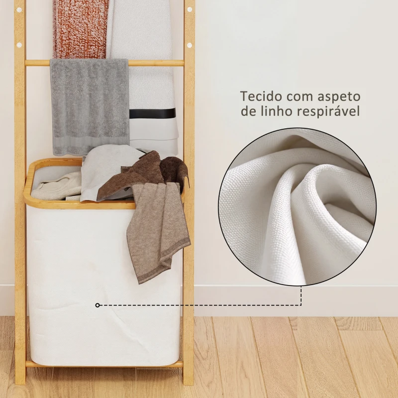 HOMCOM Estante para Casa de Banho de Bambu com 3 Barras e Cesto para Roupa Suja Removível de 48 L 43x35x133 cm Creme e Madeira