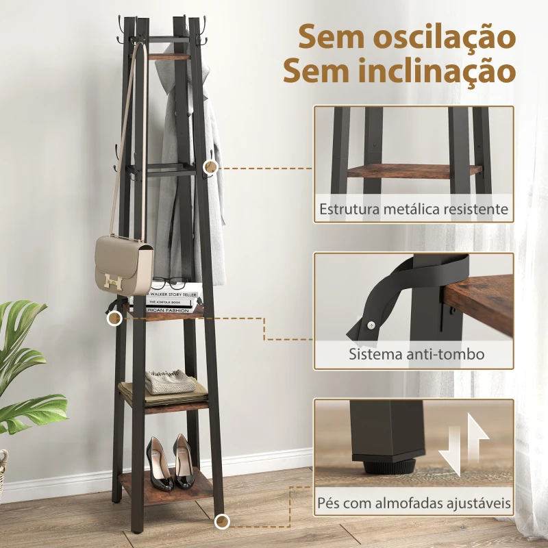 HOMCOM Cabideiro de Pé com 4 Níveis 4 Prateleiras 8 Ganchos com Estrutura Metálica para Pendurar Roupas e Chapéus Marrom Rústico