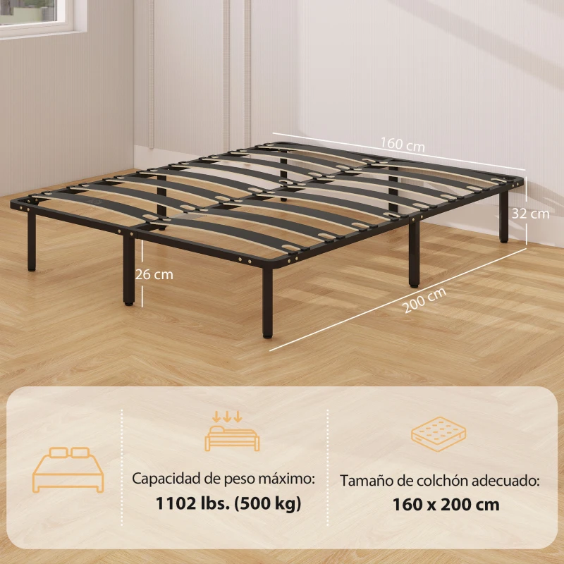 HOMCOM Estructura de Cama 160x200 cm con Marco de Acero Láminas de Álamo y Espacio de Almacenamiento Carga 500 kg Negro