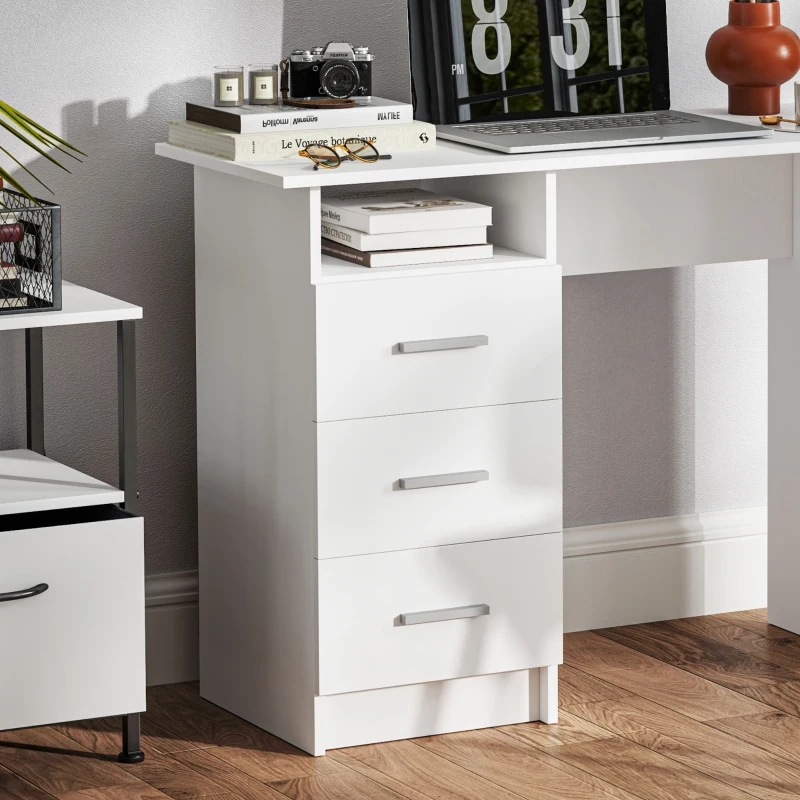 HOMCOM Bureau d'ordinateur avec 3 tiroirs et étagère ouverte, bureau informatique, style moderne, 100 x 40 x 75 cm, blanc