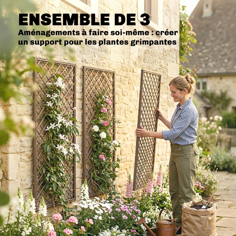 Outsunny Lot de 3 Treillis de jardin en osier tissé Panneau rectangulaire pour Plantes grimpantes 43 x 2 x 112 cm, effet bois naturel