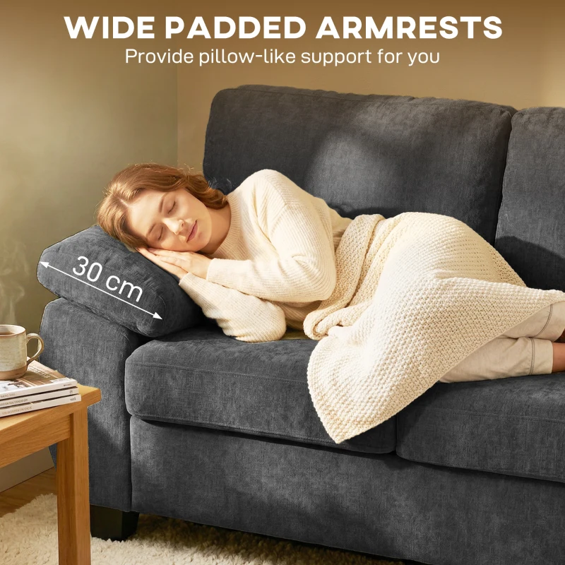 HOMCOM Sofa 2-osobowa, 156 cm sofa Chenille z grubymi poduszkami sprężynowymi, szerokimi tapicerowanymi podłokietnikami, obciążenie 300 kg, ciemnoszara