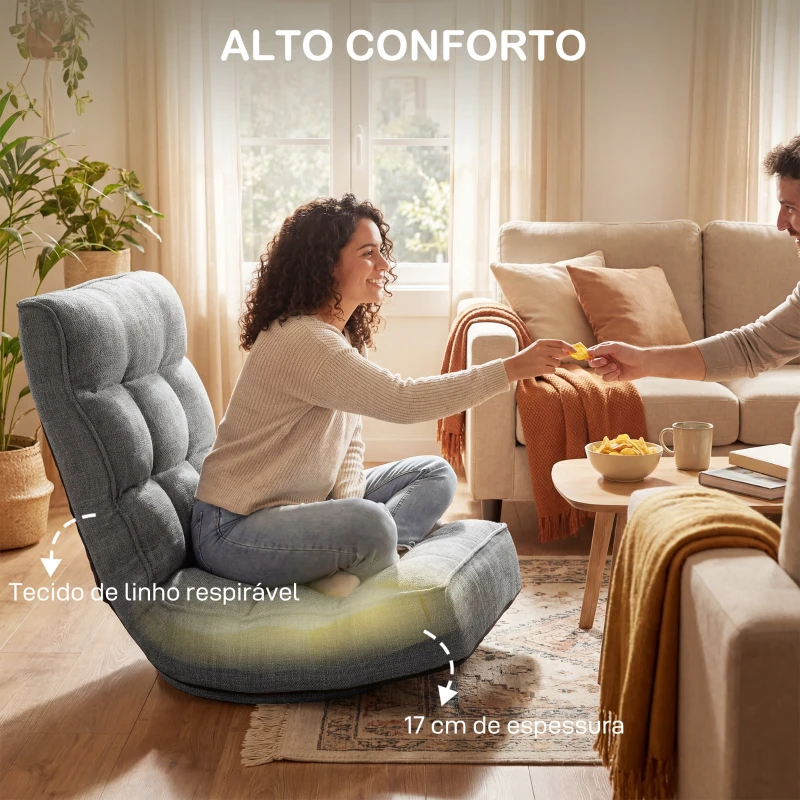 HOMCOM Cadeira de Chão Dobrável Cadeira de Leitura Giratória 360° com Encosto Ajustável em 5 Posições 58x107x79 cm Cinzento