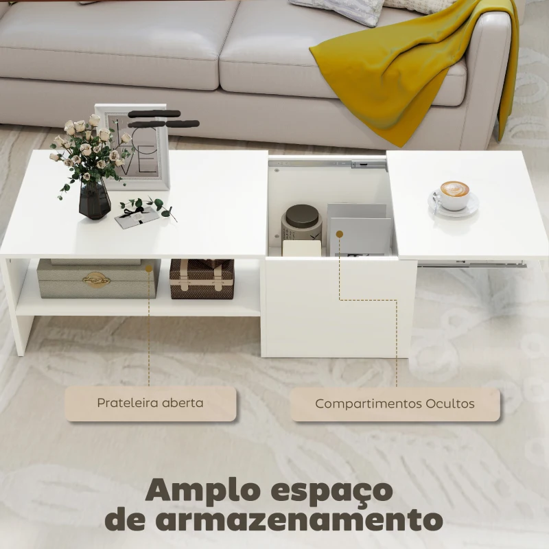 HOMCOM Mesa de Centro com Superfície Deslizante Moderna com Compartimento Oculto Prateleira Aberta 110x52x36 cm Branco